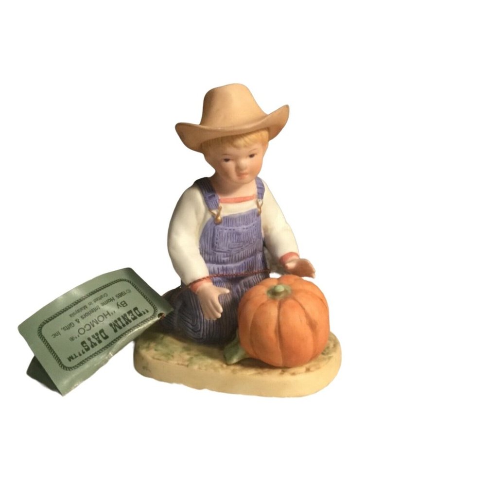 Denim Days-Homco1985 ‘Harvest Helpers” Boy & Pumpkin Ceramic 4.5" Figurine #1518
